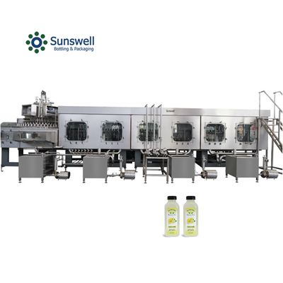 Máquina de enchimento de sumo de frutas de alta velocidade Desinfetante Enxaguante de pedaços de frutas Pesagem peristáltica Engarrafamento Selamento Monobloco